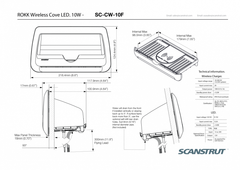 Scanstrut Rokk Wireless QI-Ladegerät 10W mit Smartphone-Ablagefach mit Wasserführung mit RGB-LED-Beleuchtung